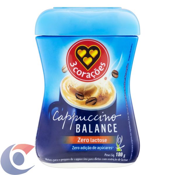 Cappuccino Solúvel Zero Lactose 3 Corações Balance Pote 180g