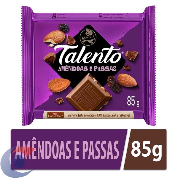 Chocolate Garoto Talento Amêndoas Com Passas 85g