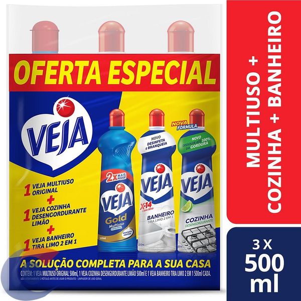 Kit Veja - Limpador Multiuso Original, Limpador Cozinha Desengordurante Limão E Limpador Banheiro Tira Limo 500ml Cada